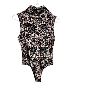 Nude mesh with black velvet textured burnout floral bodysuit semi sheer